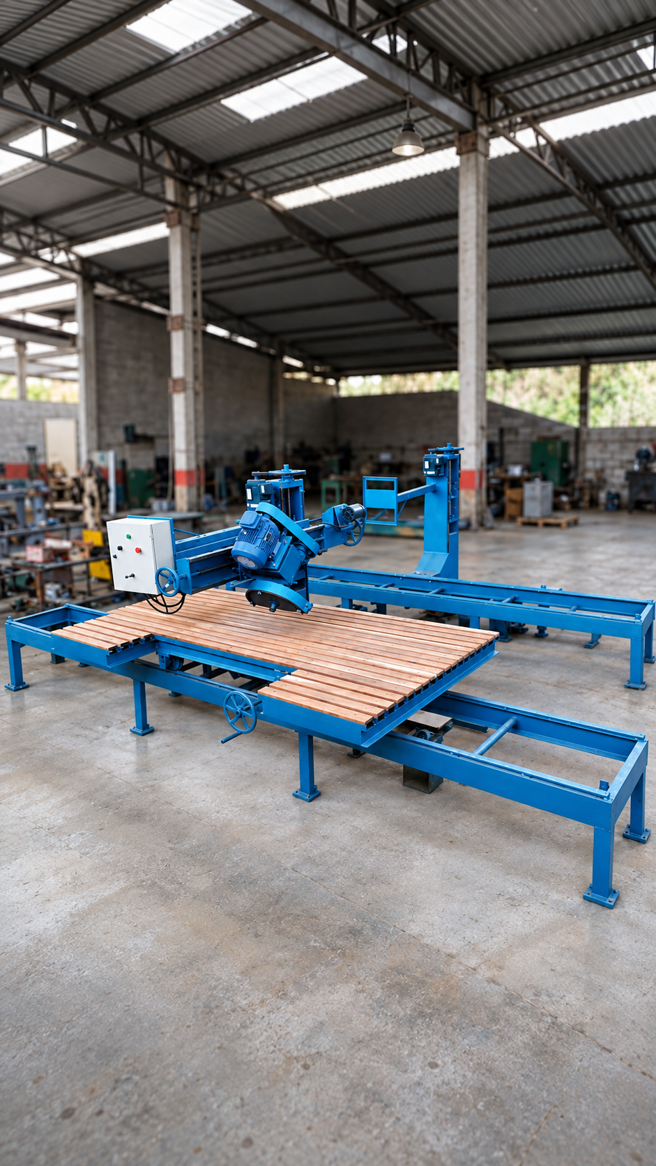 Máquina de corte azul na oficina